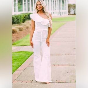 One Shoulder Jean White Jumpsuit
